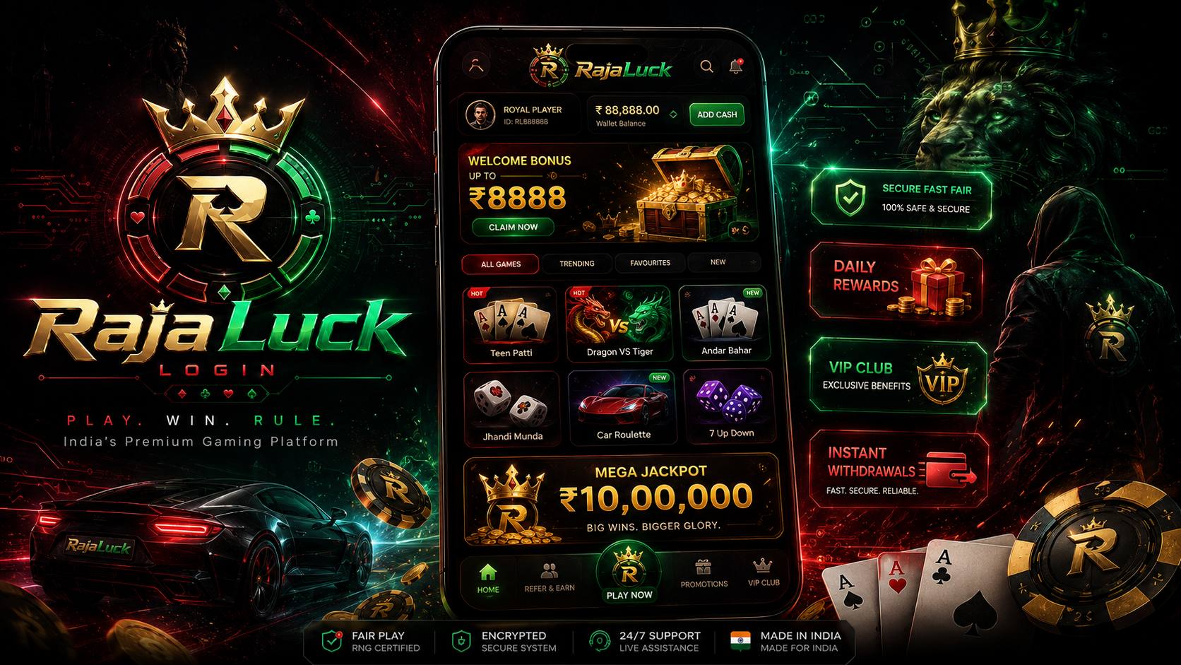 RajaLuck style phone login screen with red and green neon gaming panels