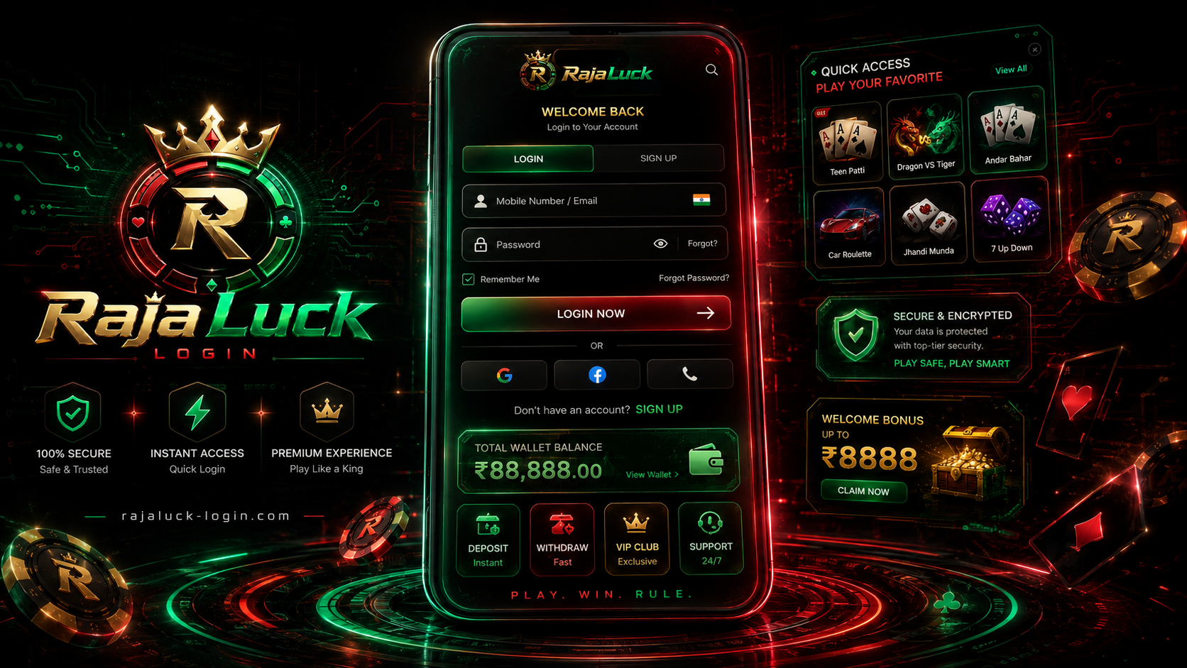 RajaLuck gaming prompt screen with crown panel, phone view, and neon control cards